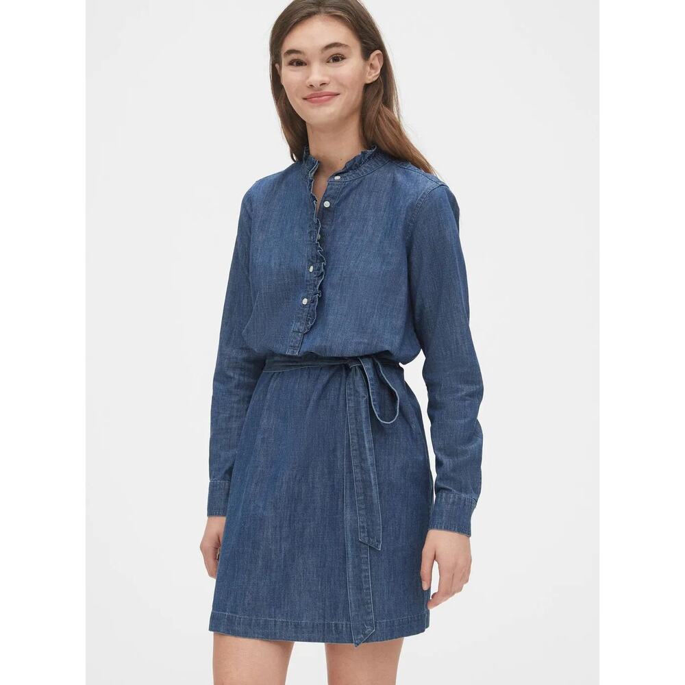 Gap Womens Denim Ruffle Neck Shirt Dress Mini Belt Tie Pockets Casual Western MT